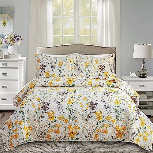 Ycosy Floral Quilt Set Full/Queen Size Reversible Flower Bedspread Queen Summer Lightweight Quilt Bedding Purple Floral Quilts Green Leaves Coverlet