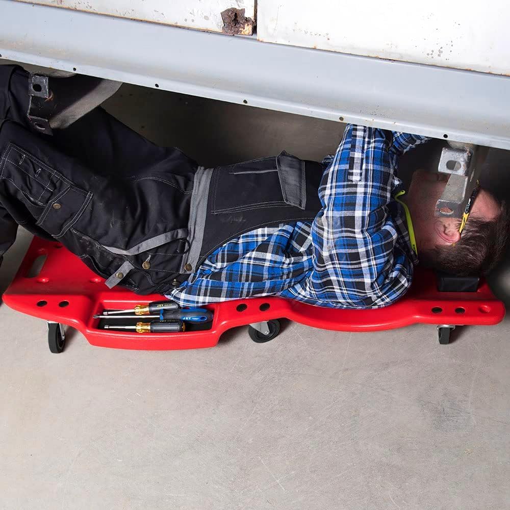 AFF XL Mechanic's Creeper - 47" Length Ergonomic Creeper with Padded Headrest & Magnetic Tool Trays - Super Duty