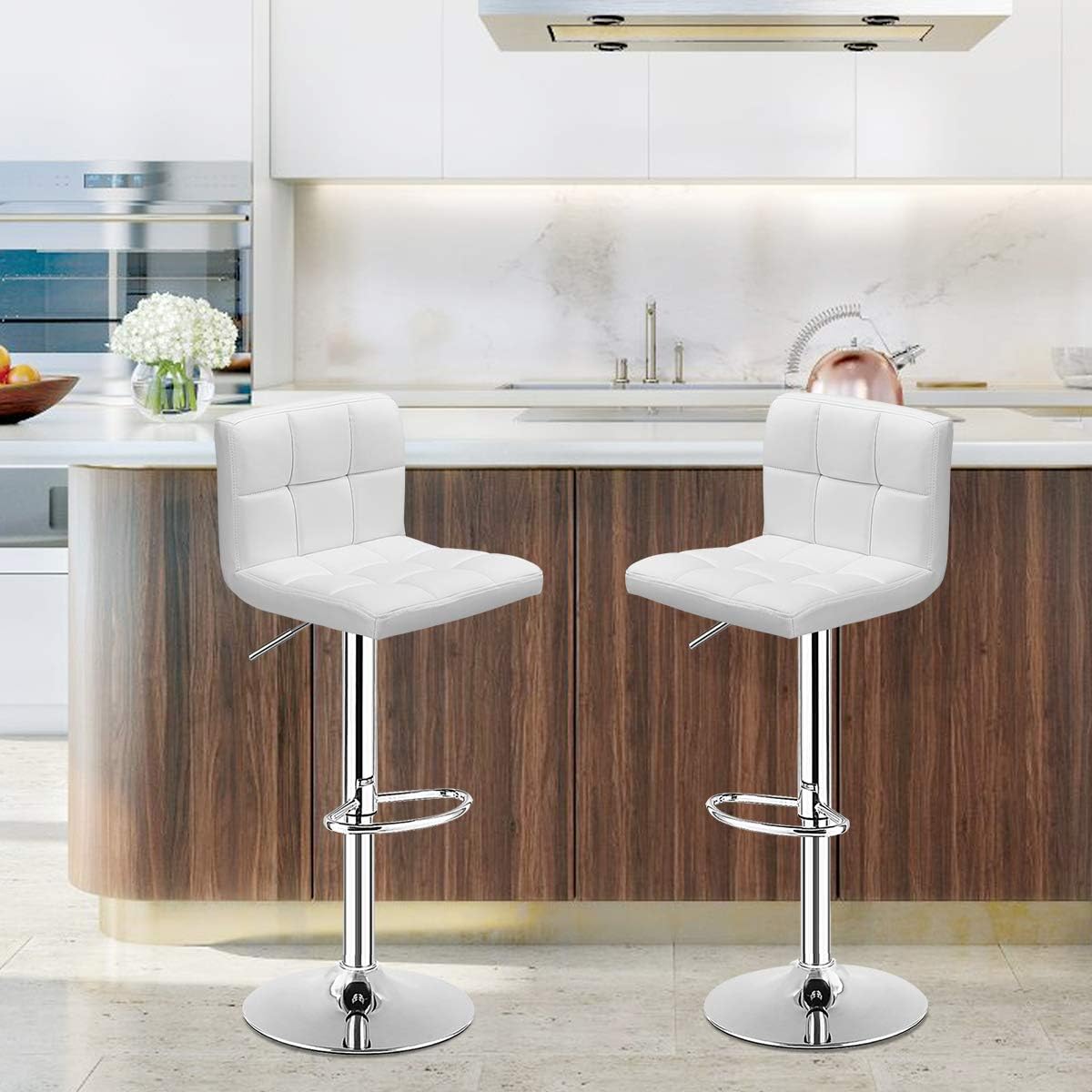 COSTWAY Bar Stool, Modern Swivel Adjustable Height PU Leather Barstools with Back, Square Armless Counter Height Bar Chair for Kitchen Island Dining Living Bistro Pub Counter, Black