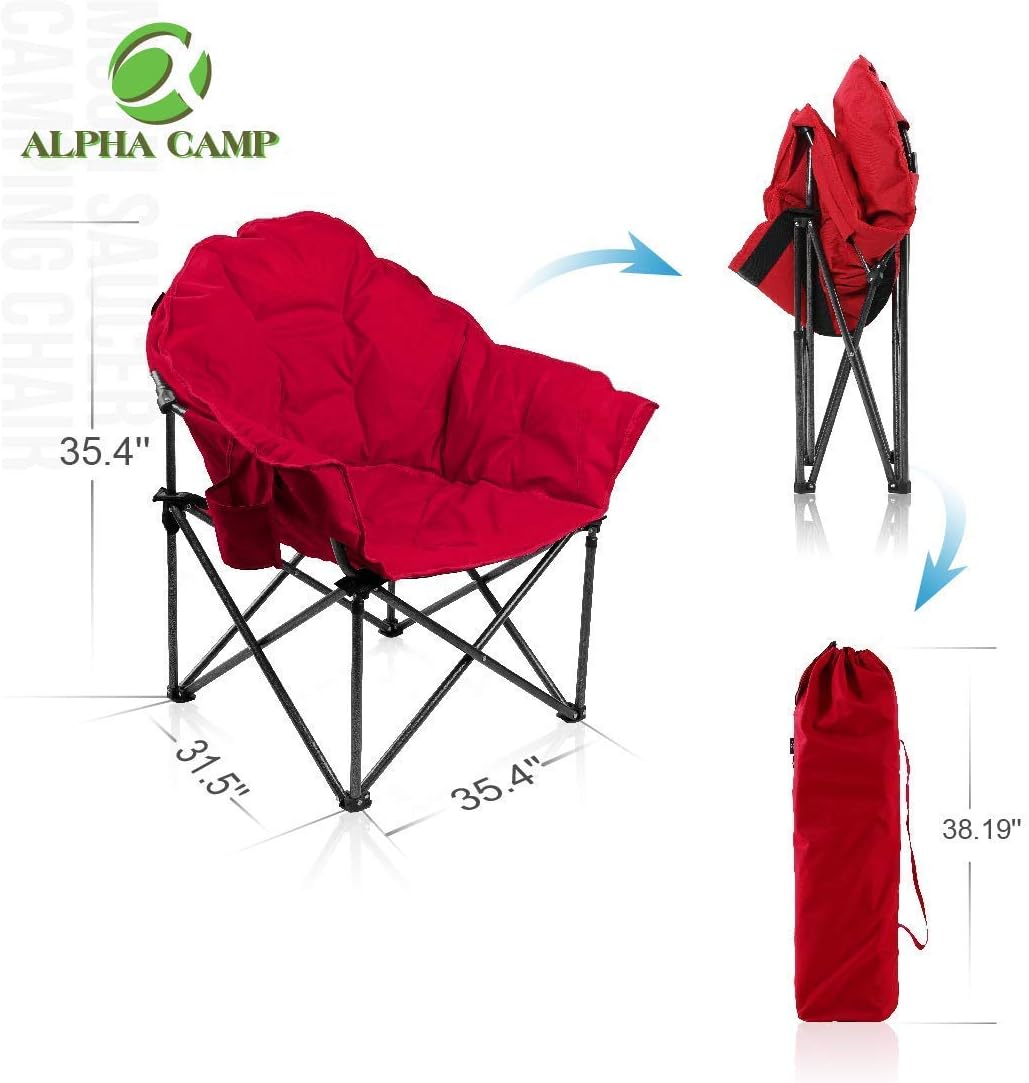 ALPHA CAMP Oversized Camping Chairs Padded Moon Round Chair Saucer Recliner with Folding Cup Holder and Carry Bag