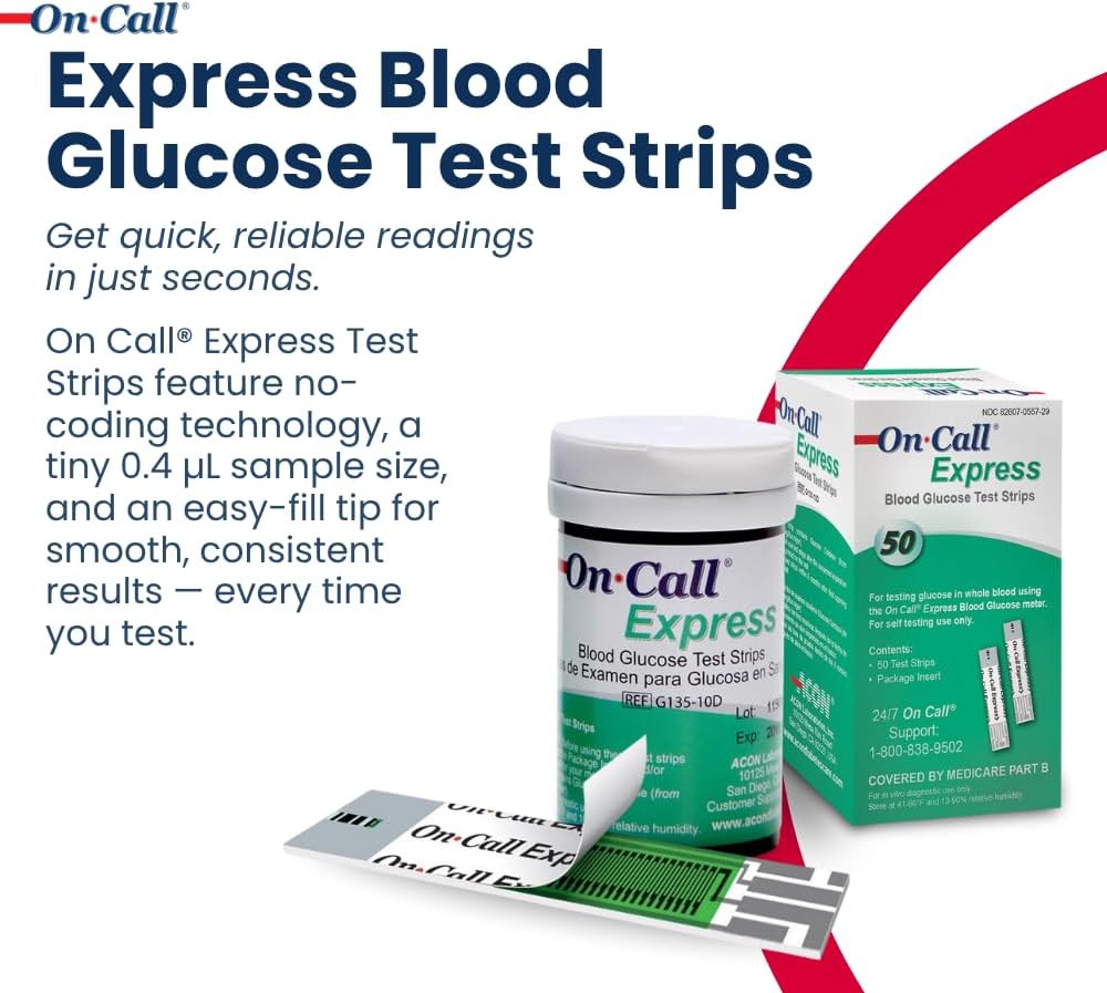 Blood Glucose Test Strips for Diabetes by On-Call Express, 50 Count, No Coding Needed, Quick Read in Seconds, Accurate Diabetic Blood Sugar Testing
