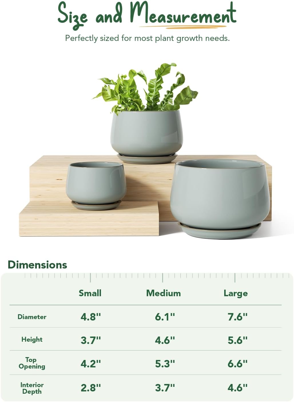 LE TAUCI Plant Pots, 4.1+5.1+6.5 inch, Set of 3, Ceramic Planters with Drainage Hole and Saucer, Indoor Flower Pot with Hole Mesh Pad, Gifts for Mom