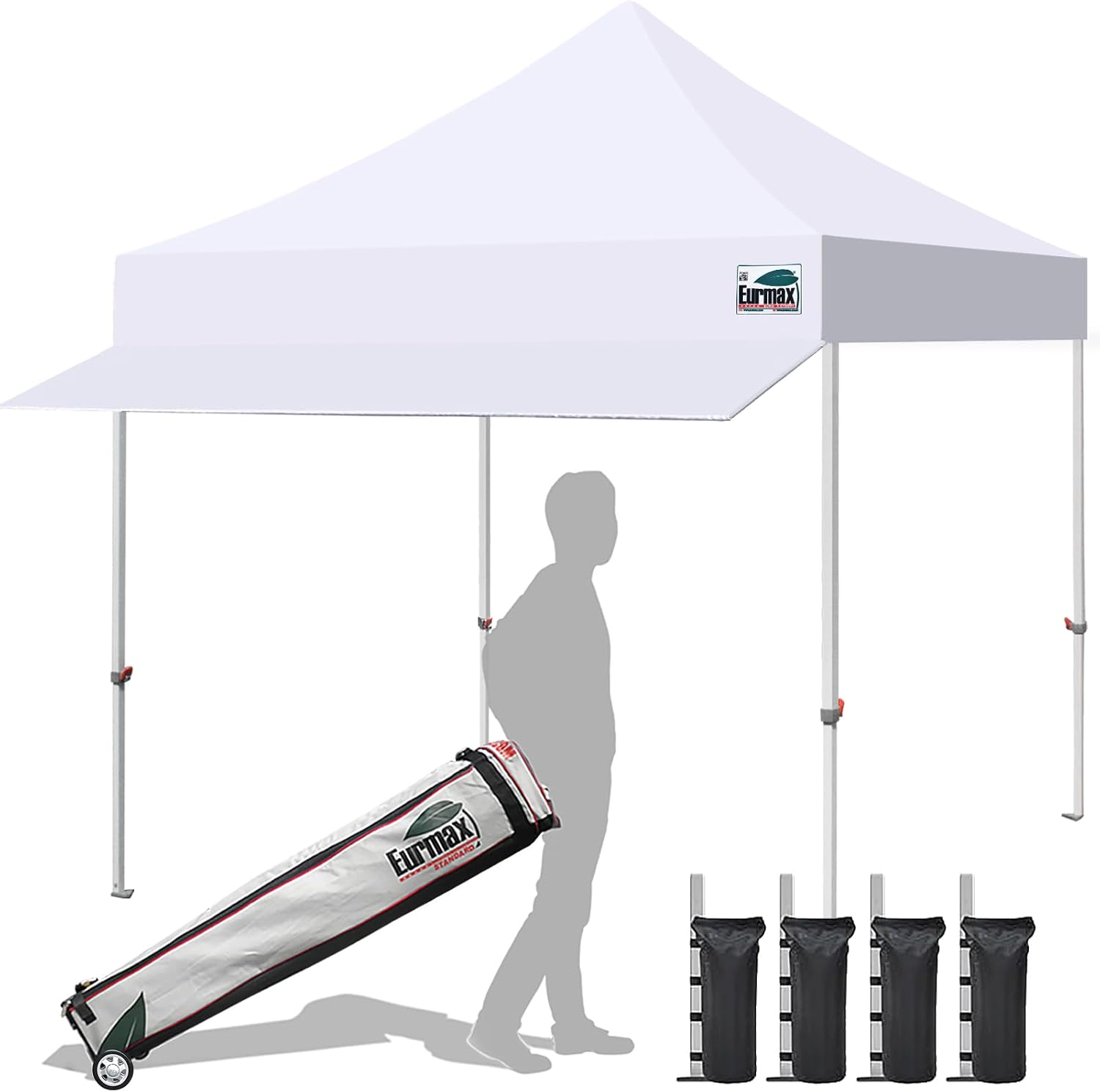 Eurmax USA 10x10ft Pop Up Canopy,Commercial Instant Tent for Outdoor Events,Patented No-Tip Rolling Storage Bag with 4 Sandbags,UV & Water Resistant,Heavy Duty Portable Shelter Gazebo,Black