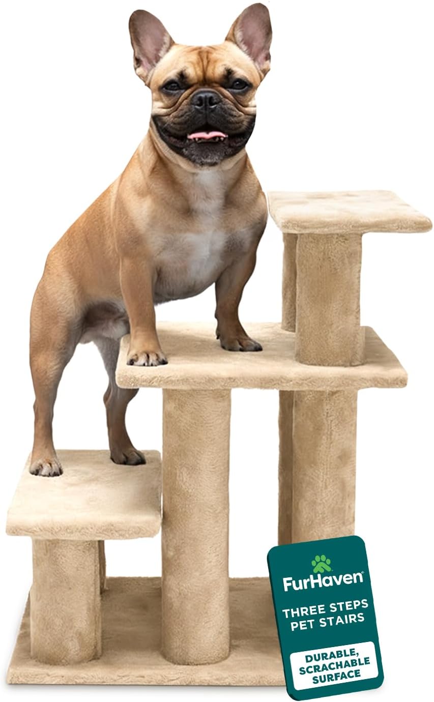 Furhaven Steady Paws Multi-Step Pet Stairs for High Beds & Sofas - Cream, 3-Step