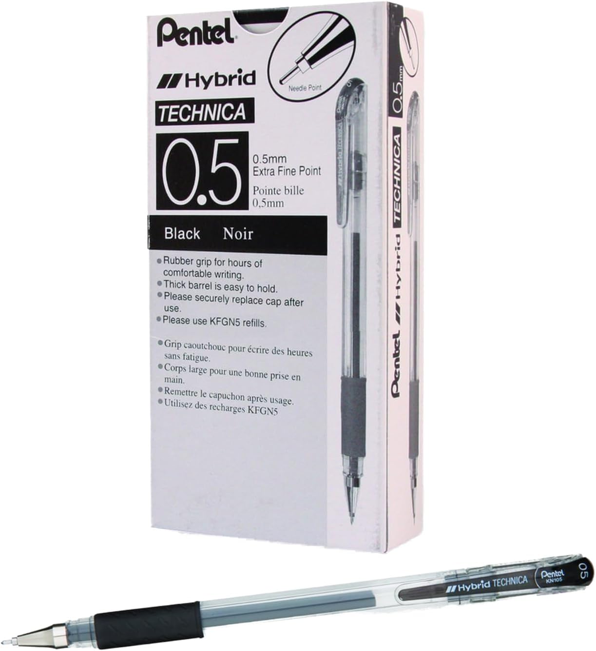 Pentel Arts Hybrid Technica Pen, (0.3mm), Ultra Fine Point, Black Ink, Box of 12 (KN103-A)