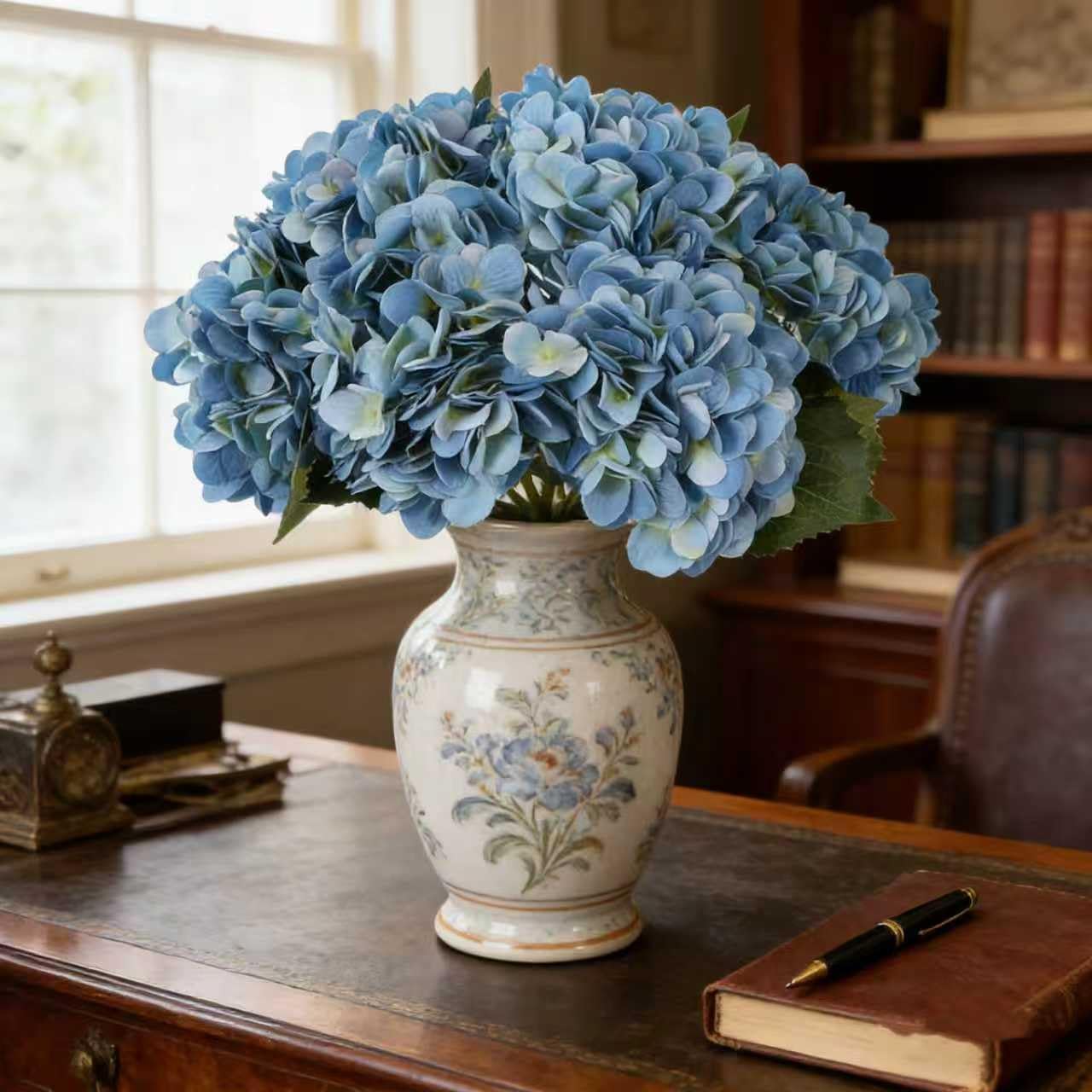 Kimura's Cabin 6pcs Silk Hydrangeas Artificial Flowers,Deep Lake Blue