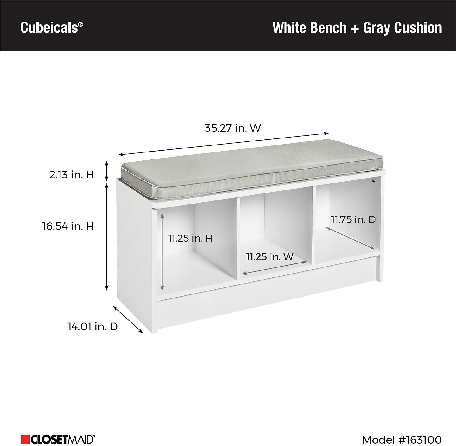 ClosetMaid 3258 Cubeicals 3-Cube Storage Bench, Natural Gray with Gray Cushion