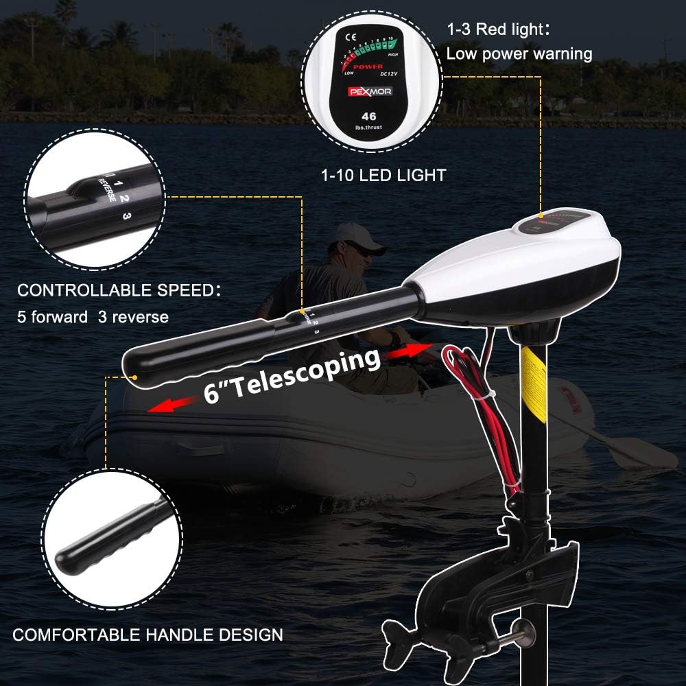 PEXMOR 8 Speed Electric Trolling Motor, Electric Outboard Boat Motor w/Adjustable Handle & LED Indicator, Transom Mounted for Saltwater, Kayak