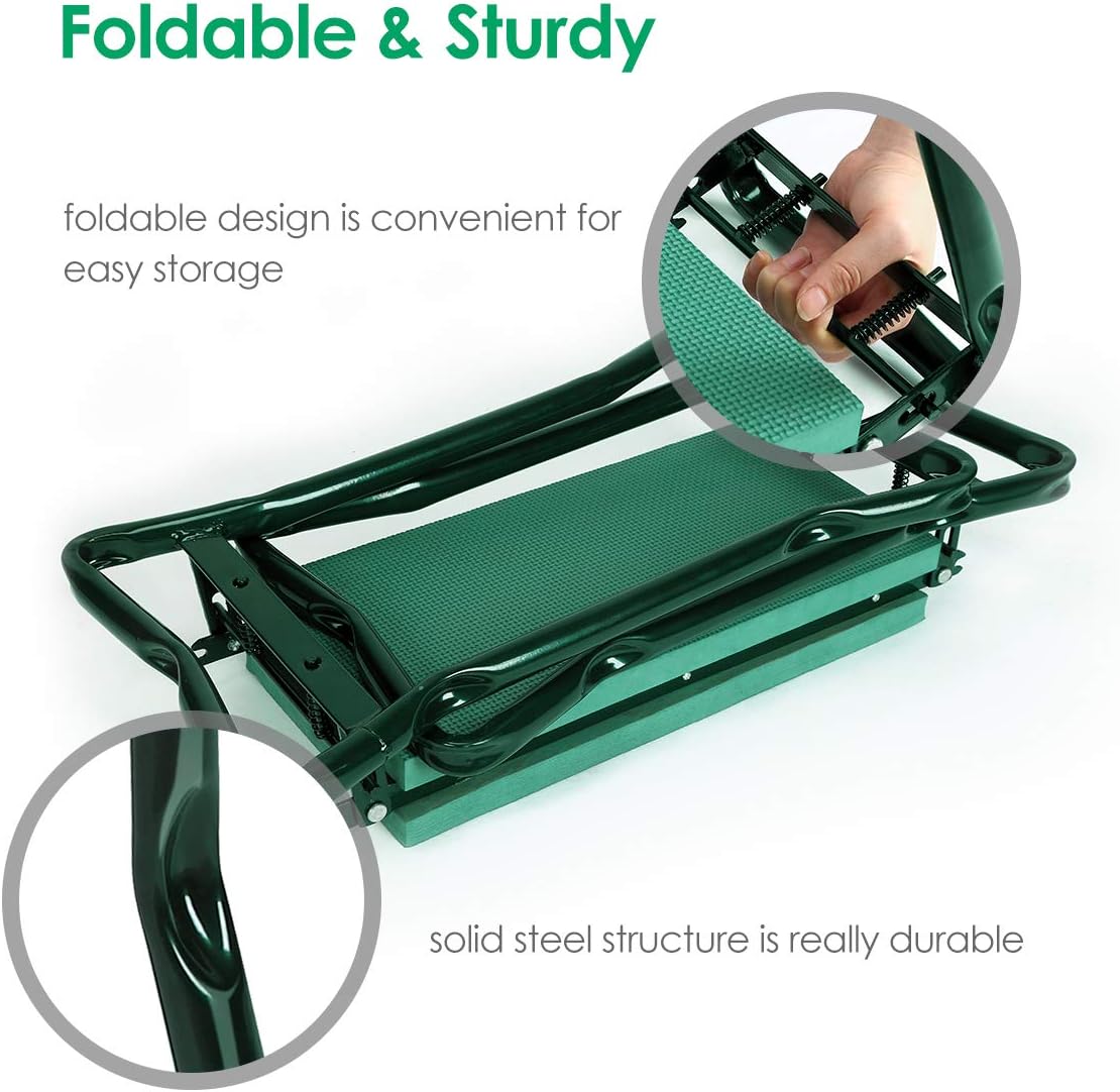 TomCare Garden Kneeler and Seat, 11.12" Kneeling Pad Sturdy Garden Bench | Heavy Duty Garden Stool, 450 lbs Load Capacity, 2 Tool Pouches, Foldable Design, Gardening Gift for Women, Men and Gardeners