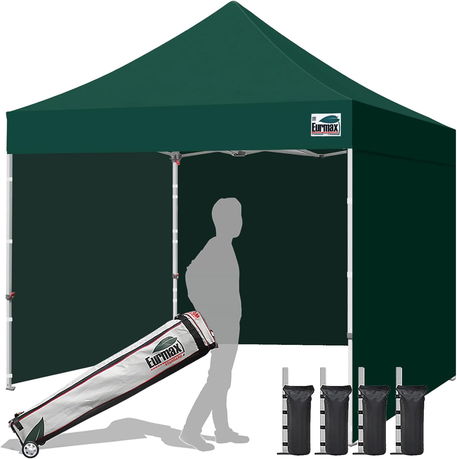 Eurmax USA 10x10 Pop Up Canopy Tent,Commercial Tent with Patented No-Tip Rolling Bag,4 Zippered Removable Walls,UV & Water Resistant Canopy Top,Heavy Duty Outdoor Gazebo,Instant Shelter(White)