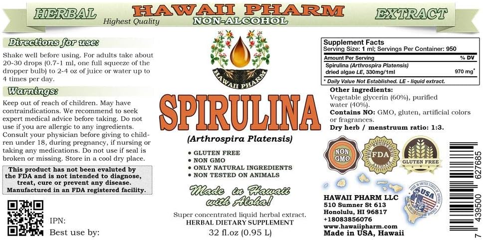 Hawaii Pharm Spirulina Alcohol-Free Liquid Extract, Professional Grade, Small Batch Crafted Spirulina (Arthrospira platensis) Dried Algae Glycerite Natural Herbal Supplement, 2 fl.oz