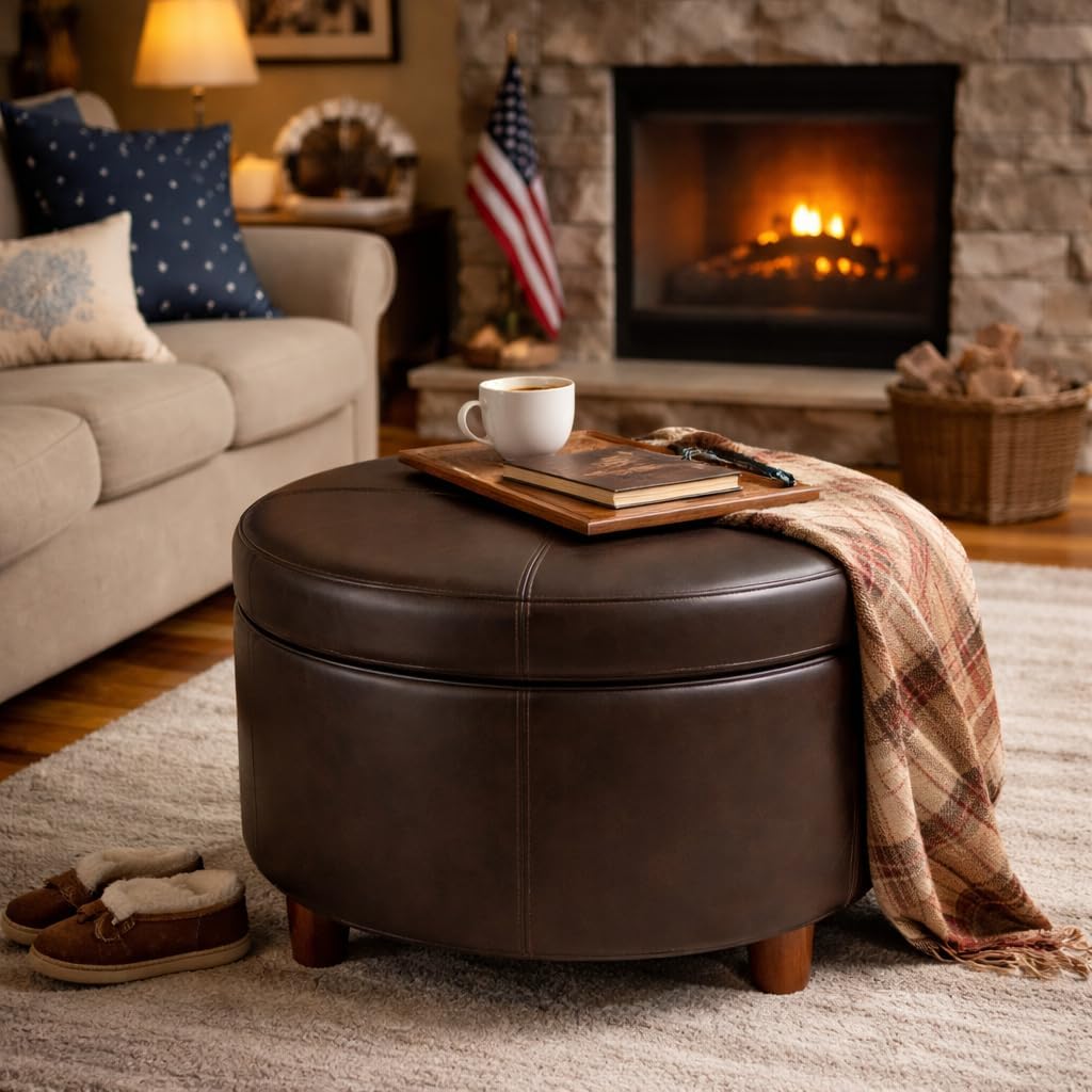 HomePop 24" Large Leatherette Storage Ottoman - Distressed Brown Faux Leather