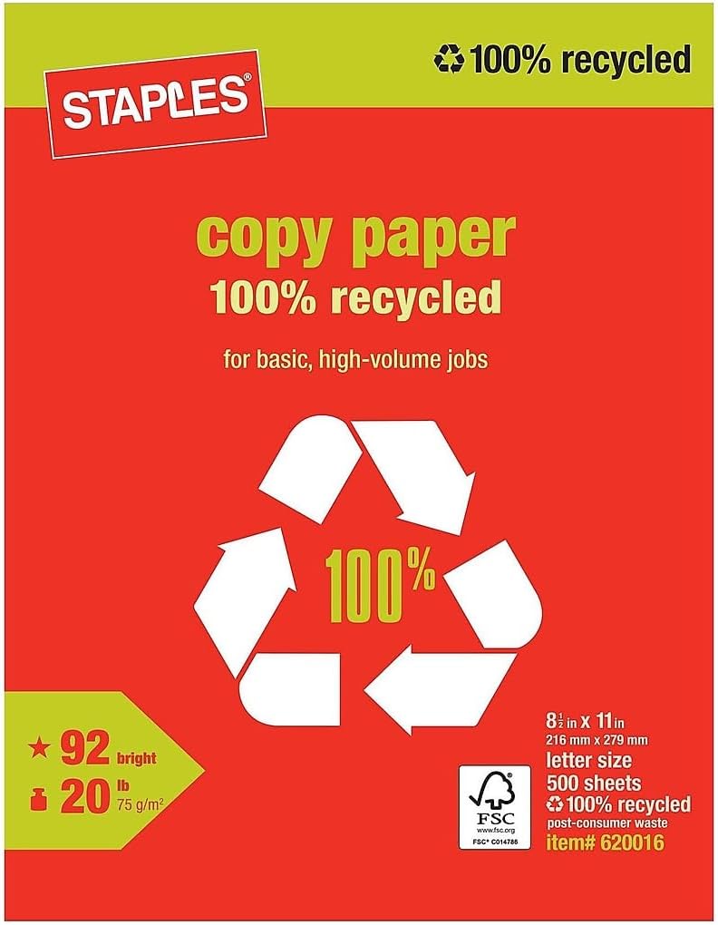 Staples 100% Recycled Printer Paper Bright White Copy/Fax/Laser/Inkjet, 500 Sheets