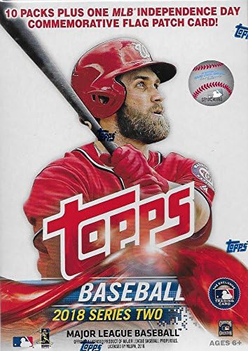 2018 Topps Baseball Series #2 Unopened Blaster Box with 10 Packs and One Exclusive Independence Day Commemorative Flag Patch Card and Possible
