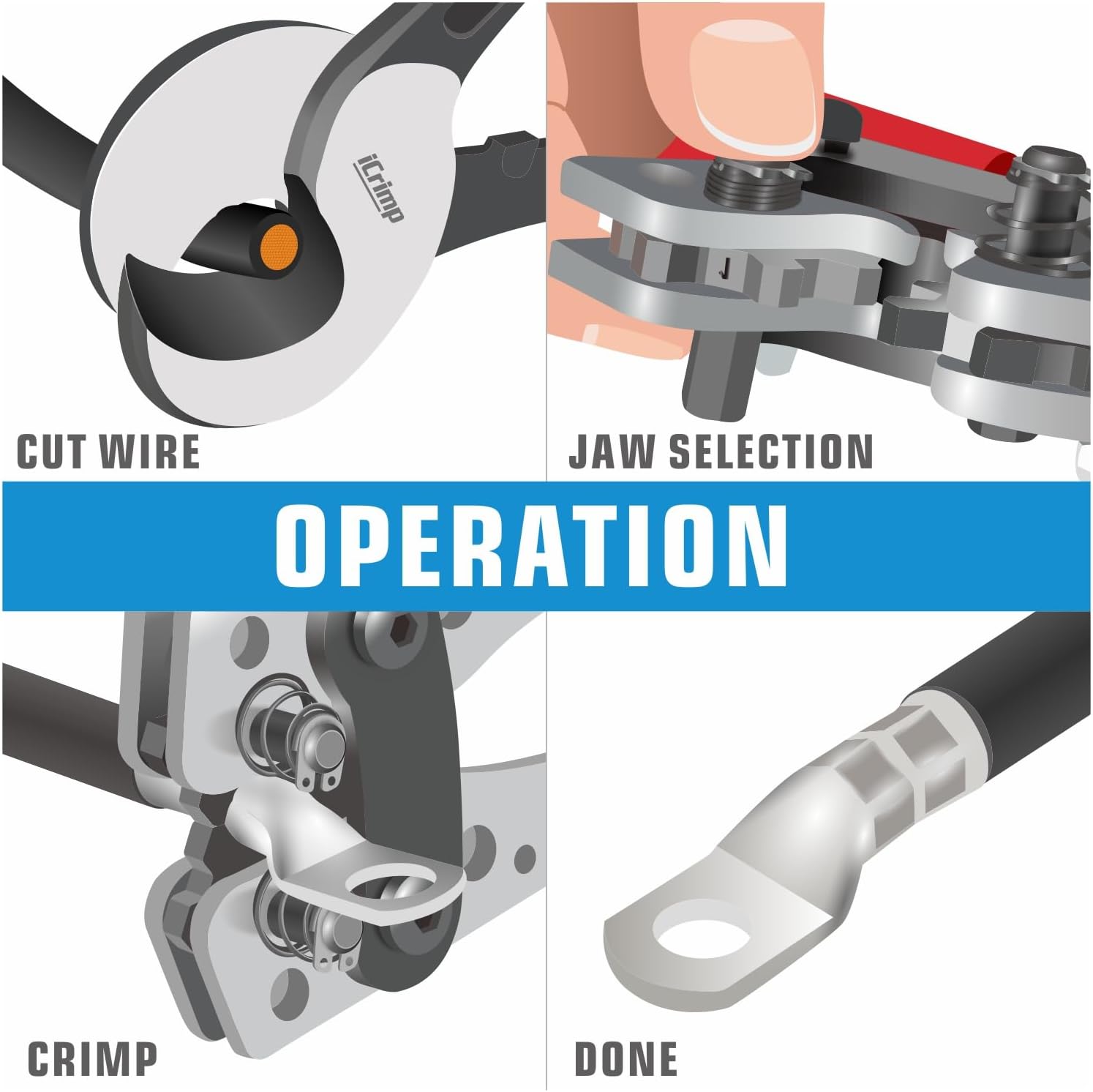 iCrimp Battery Cable Lug Crimping Tool for 8, 6, 4, 2, 1, 1/0 AWG Heavy Duty Wire Lugs, Battery Terminal, Copper Lugs with Wire Shear Cutter