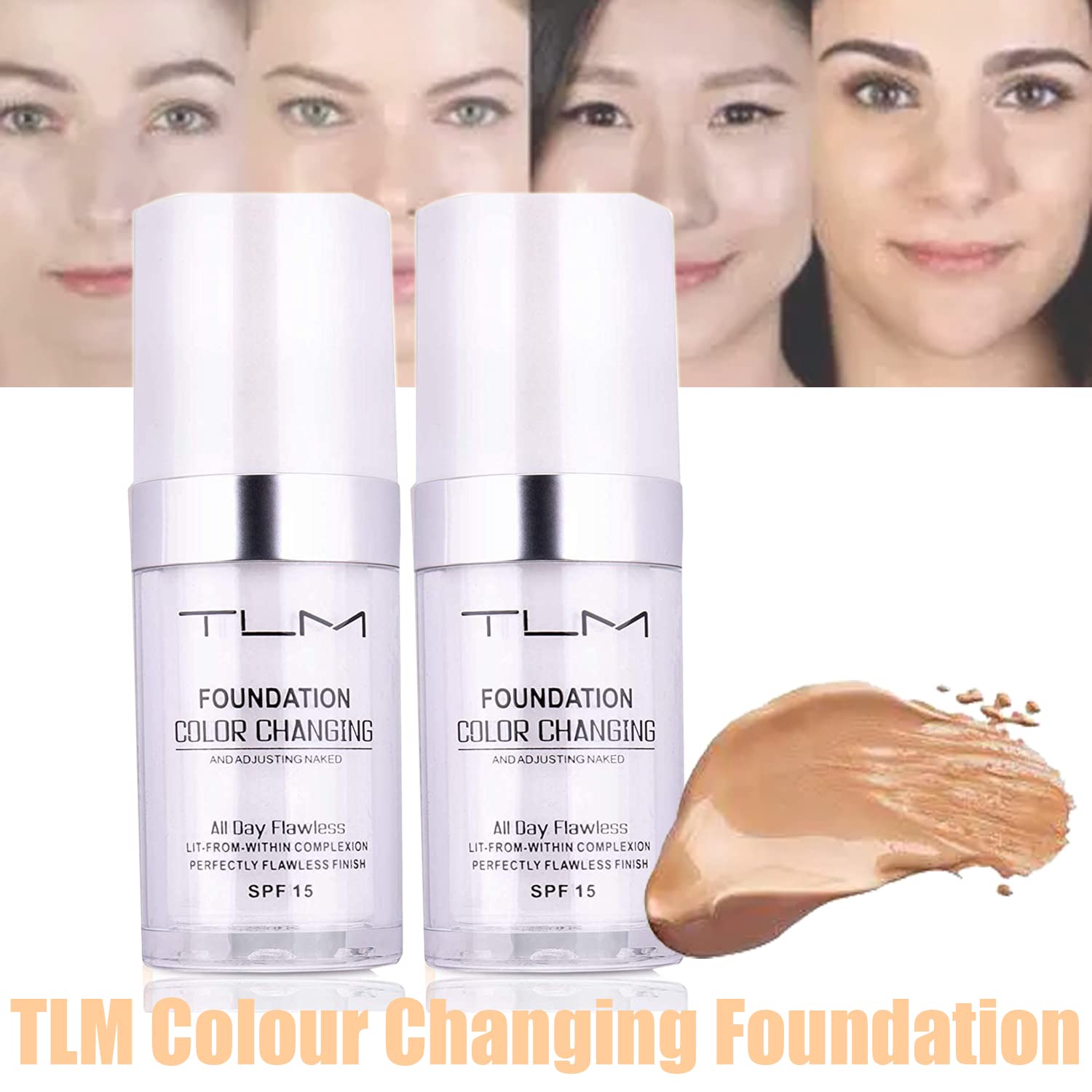 2Pcs 30ml TLM Colour Changing Foundation Makeup Concealer Cover Cream Full Coverage Flawless Liquid Base Nude Face Liquid Cover Concealer Change