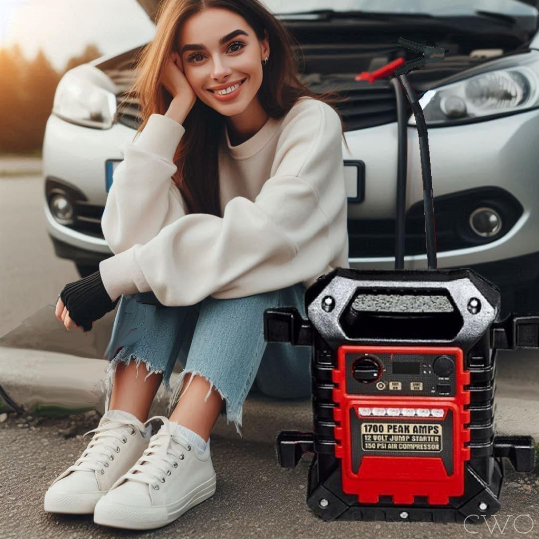 Fits Viking 1700 Peak Amp Portable Jump Starter & Power Pack with 150 PSI Air Compressor - High Cranking Amps, 2 AWG Cables