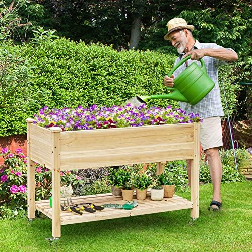 GIANTEX Raised Garden Bed on Wheels, Wood Planter Box with Legs, Liner, Drain Holes, Elevated Garden Bed for Vegetables