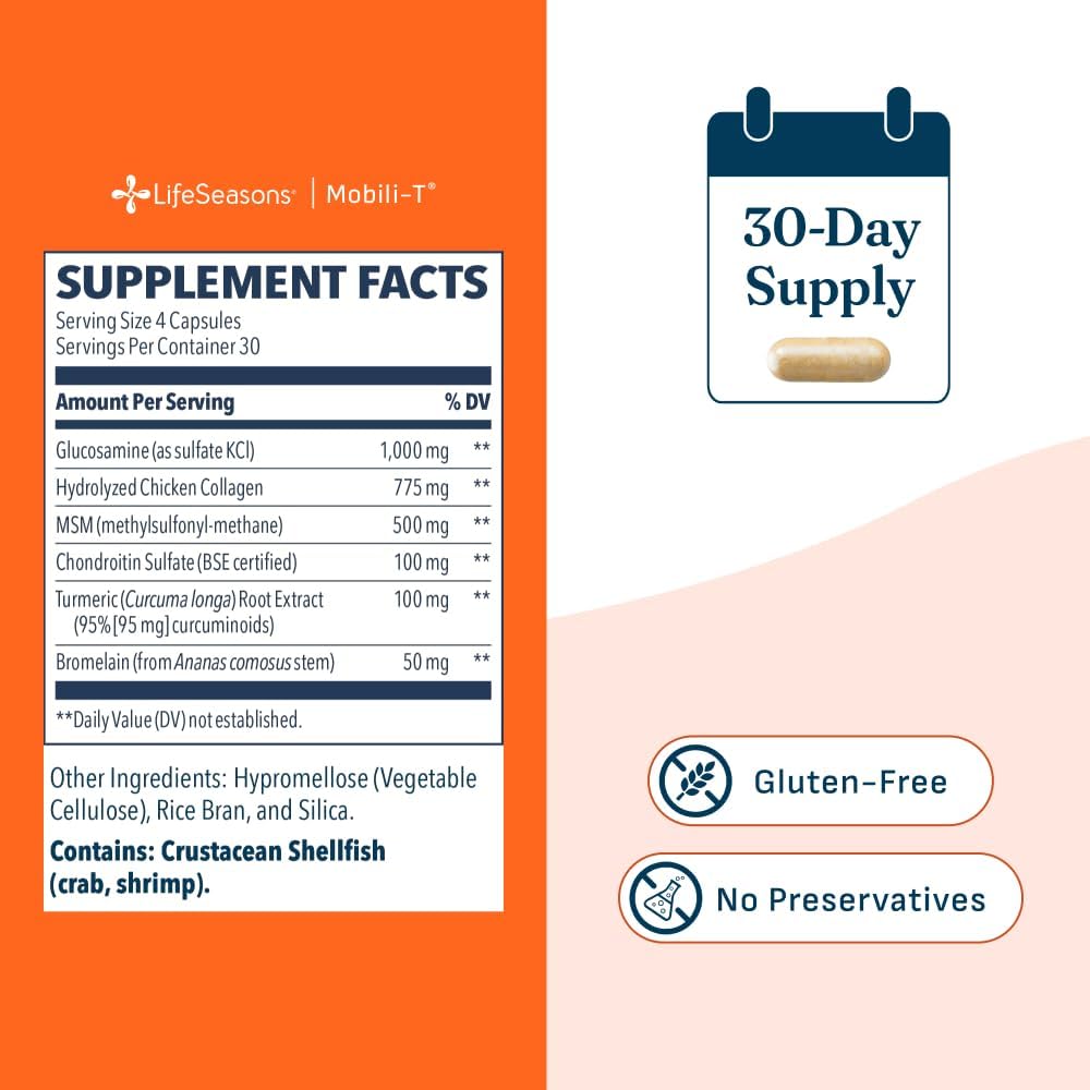 LifeSeasons Mobili-T - Joint Support Supplement - Reduces Aches & Discomforts - Increase Range of Motion - Rebuild Tissue & Cartilage - MSM Chondroitin Collagen Glucosamine & Turmeric - 120 Capsules