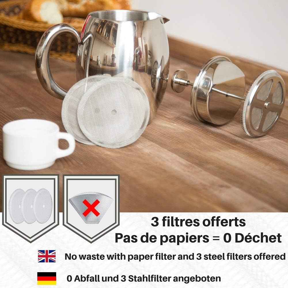 VeoHome - 0.75 litre plunger - Unbreakable and keeps the coffee hot for a long time thanks to its double stainless steel shell