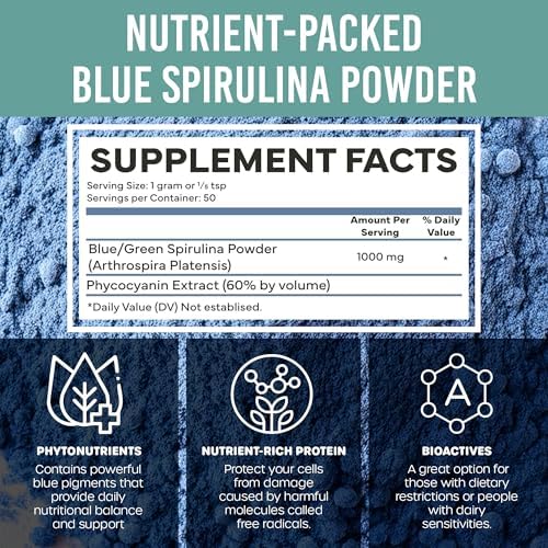 HOLISTIC BIN Blue Spirulina Powder - Organic Blue-Green Algae Supplement, Rich Source of Vegan Protein, Vitamins, & Phytonutrients