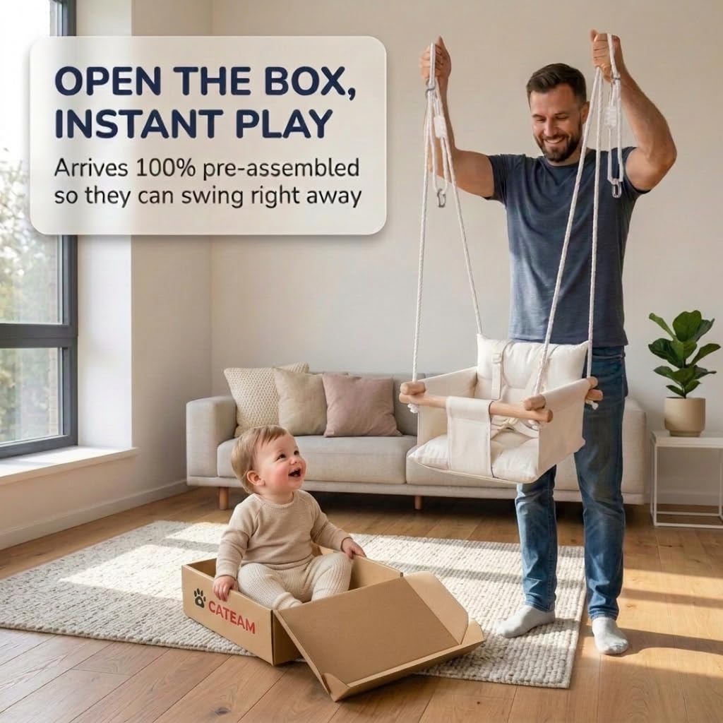 CaTeam Canvas Baby Swing Seat with 5-Point Safety Belt — Wooden Hanging Toddler Swing, Indoor & Outdoor, Ages 1-4, Ceiling Mount Hardware Included