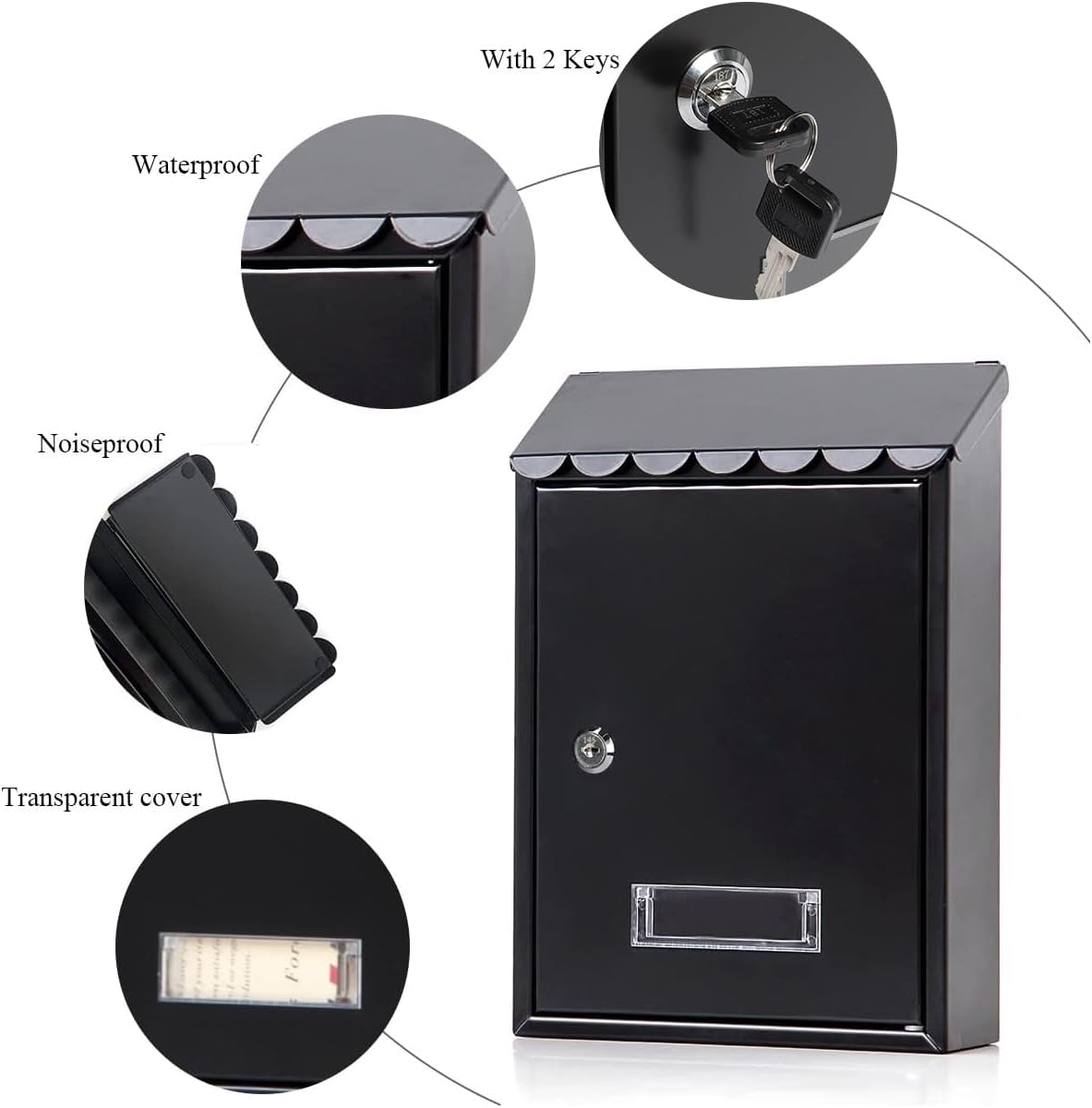 Locking Mailbox Wall Mount for Outside– Jssmst Mailboxes with Key Lock for Front Door Fence, Large Capacity Letter Box, 14.3 x 4.1 x 11.8 Inch, Black, SM-HPB911BN