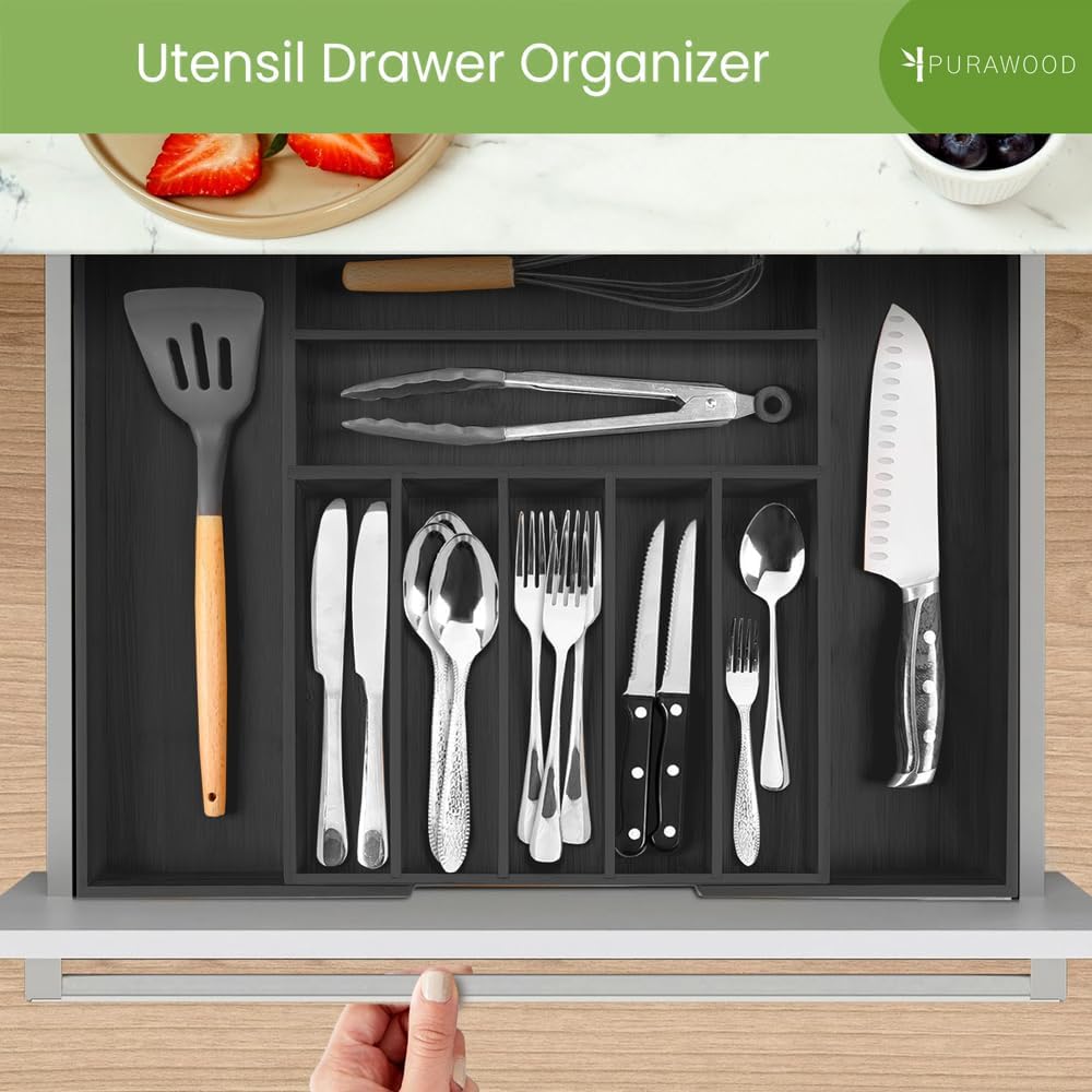 Purawood Kitchen Drawer Organizer - Expandable Utensil Drawer Organizer for Kitchen, Cutlery Tray & Silverware Organizer
