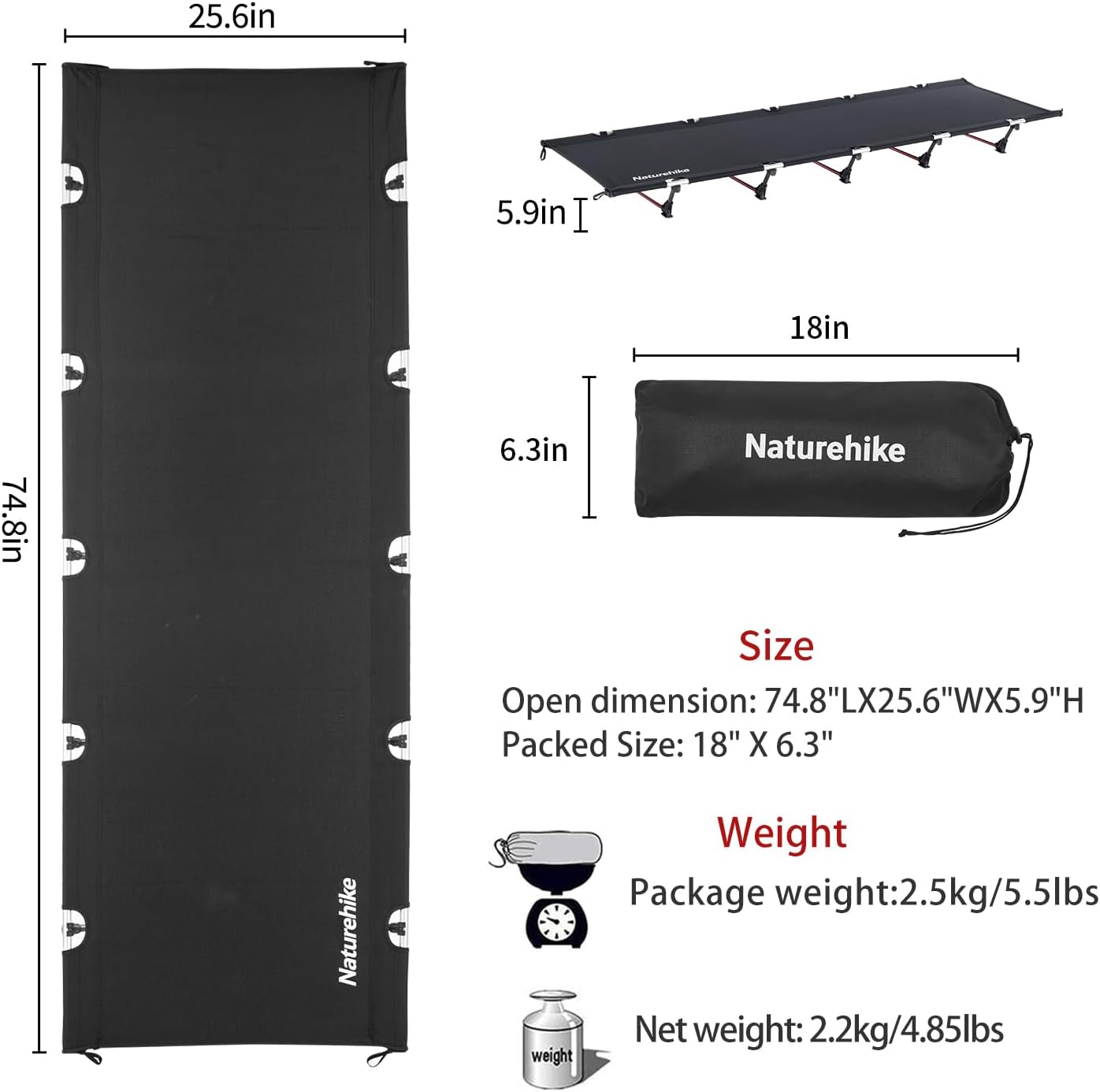 Naturehike GreenWild Camping Cot, Ultralight Folding Backpacking Cot, Supports 330lbs, Portable Camping Bed for Adults for Camping Hiking Travel Home