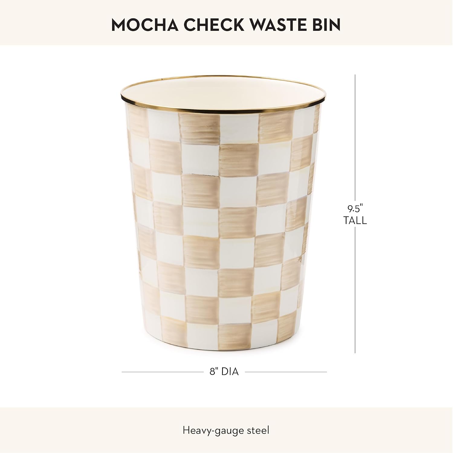 MACKENZIE-CHILDS Waste Bin, Black-and-White Courtly Check | Hand-painted design, made from enameled steel, decorative bedroom or bathroom trash can, 8" dia. x 9.5" H