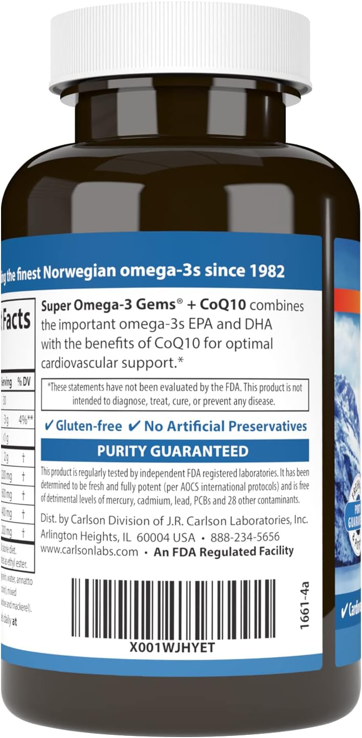 Carlson Super Omega-3 Gems + CoQ10, 1200 mg, Omega-3s, 60 Softgels | 200 mg CoQ10; Norwegian; Wild Caught; Sustainably Sourced