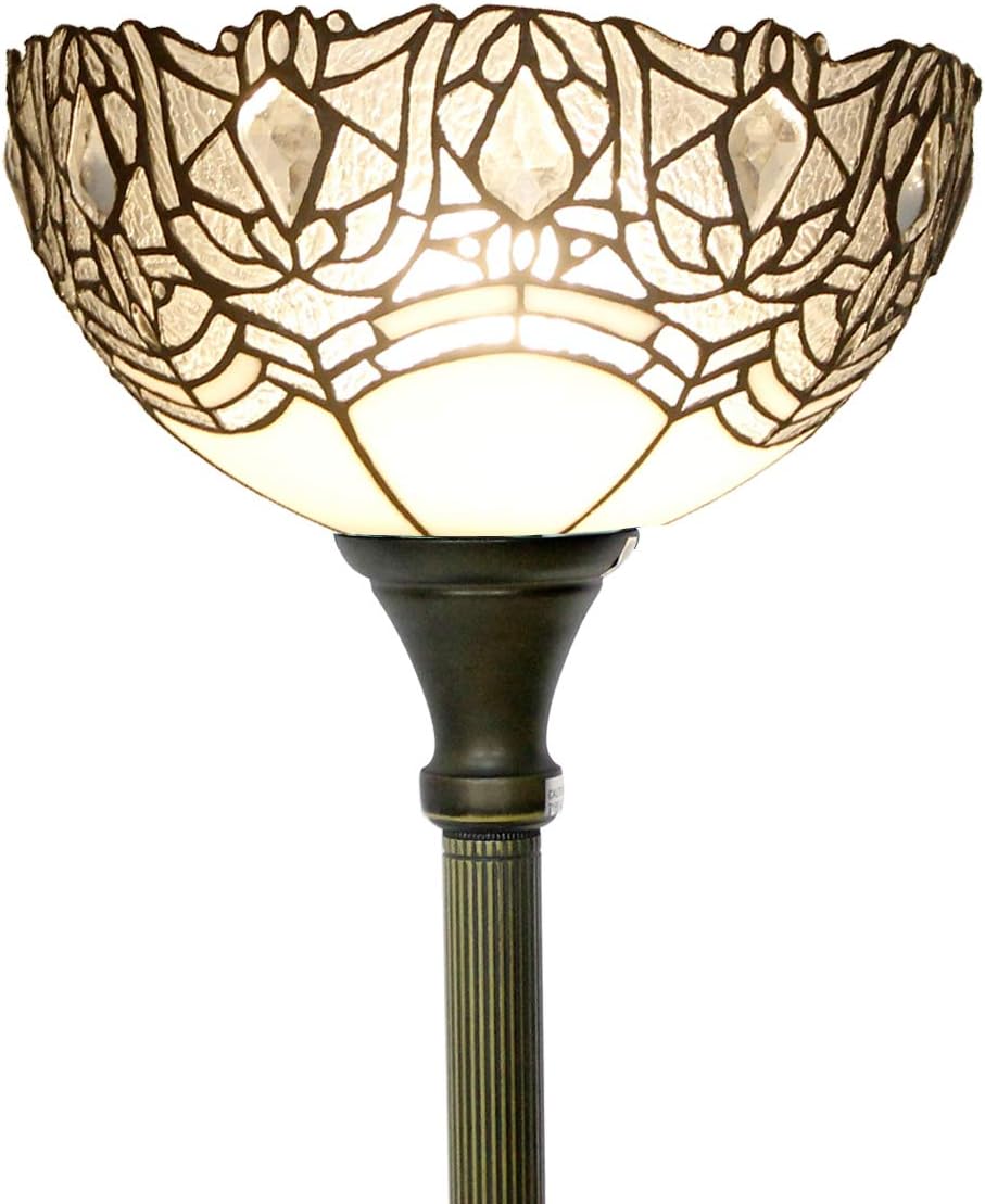 WERFACTORY Tiffany Floor Lamp White Crystal Stained Glass Torchiere Light | 12X12X71 Inches Pole Standing Corner Torch Uplight Decor Bedroom Living