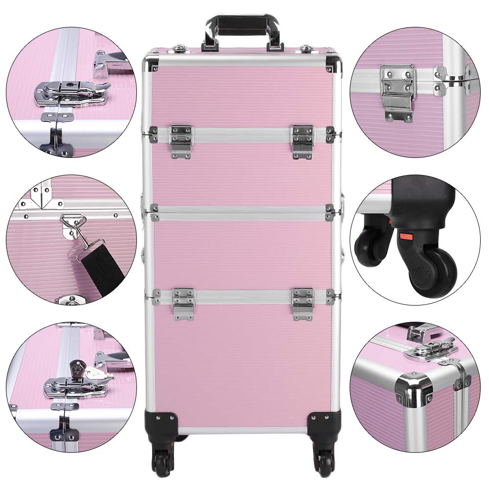 mefeir 3 in 1 Rolling Makeup Train Case, Aluminum Makeup Travel Organizer Cosmetic Case, Cosmetology Display Suitcase on Wheels, Beauty Storage Luggage Lockable w/4 Removable Wheels, Black