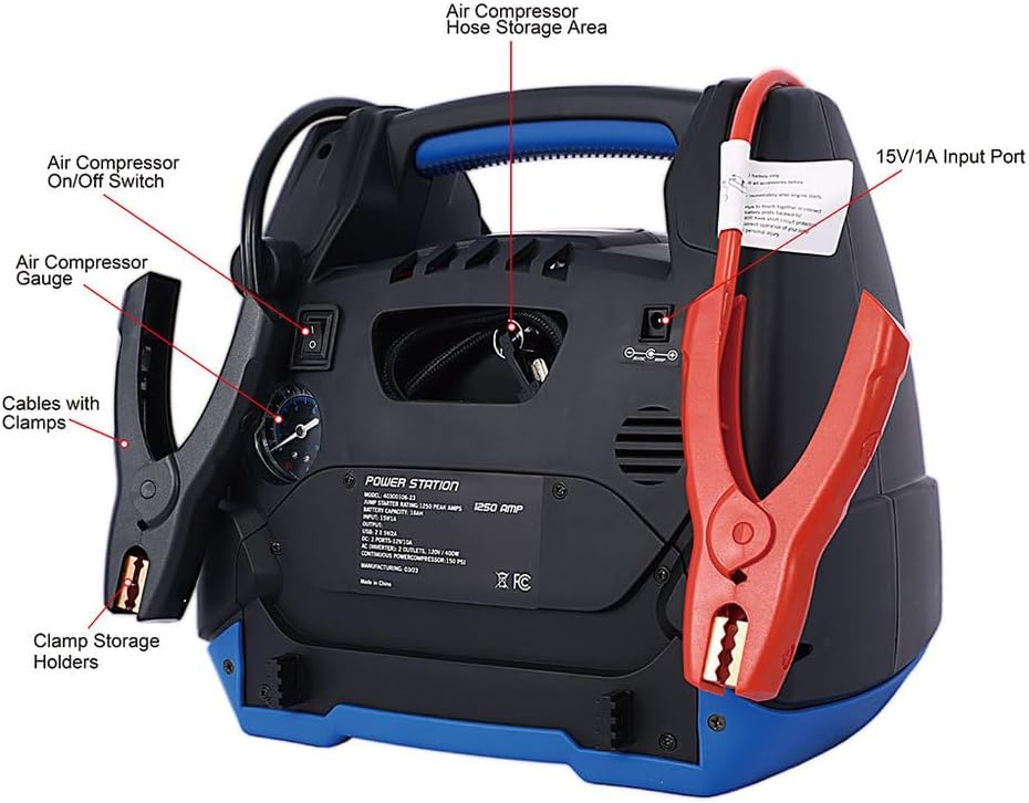 1800 Peak Amp Jump Starter with Air Compressor, 6-in-1 Portable Power Station, 12V AGM Battery Booster for Up to 8.0L Gas & 6.0L Diesel Engines