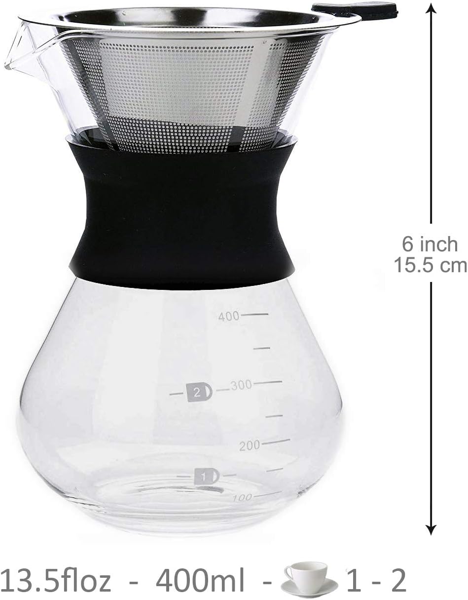 Boxtree Pour Over Coffee Maker Set with Reusable Stainless Steel Drip Filter Elegant Coffee Dripper Pot Glass Carafe & Permanent Stainless Steel
