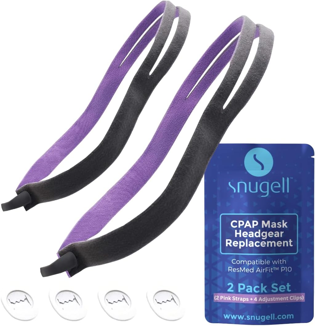 Snugell Headgear Strap Replacement for CPAP Masks, 2-Pack - Compatible with ResMed AirFit P10 - Premium Elastic, Durable - Gray - 4 Adjustment Clips