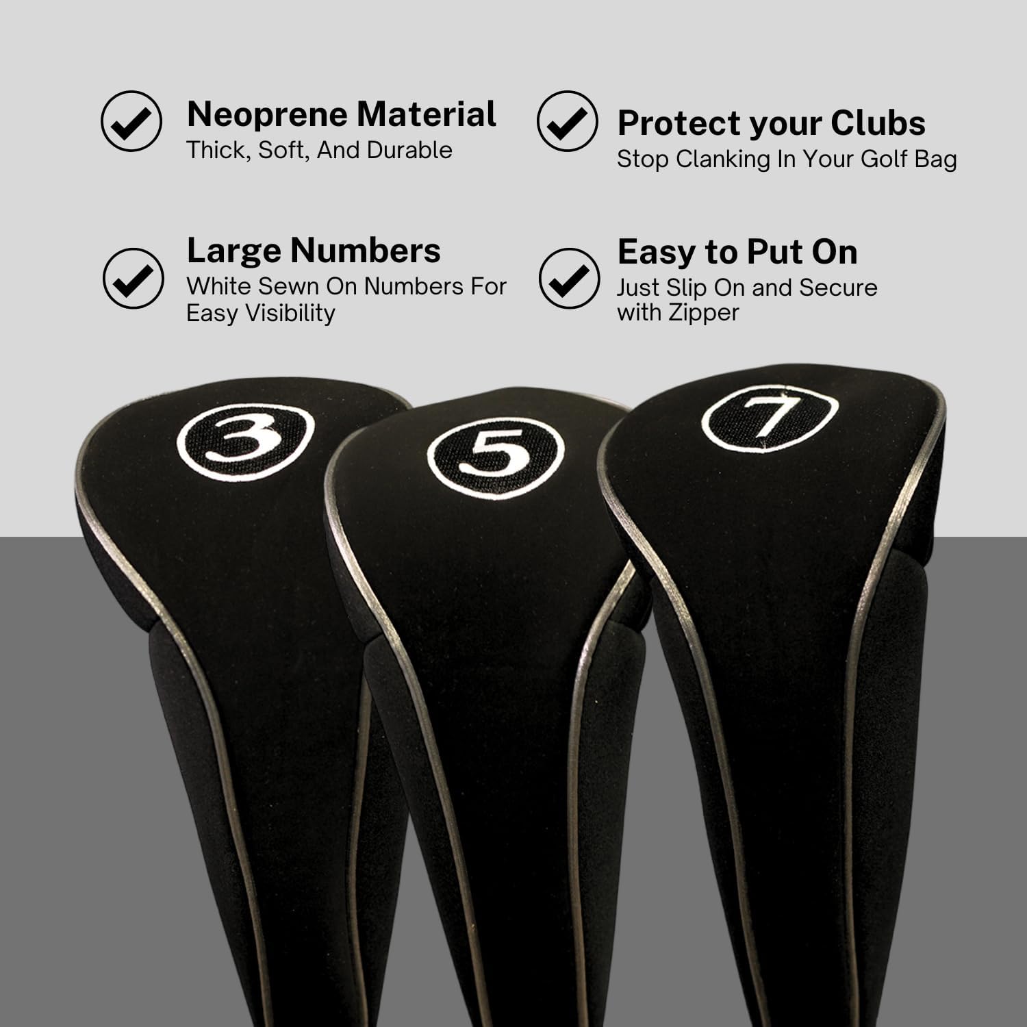 Black Golf Zipper Head Covers 3 5 7 Fairway Woods Headcovers Metal Neoprene Traditional Plain Protective Covers Fits All Fairway Clubs