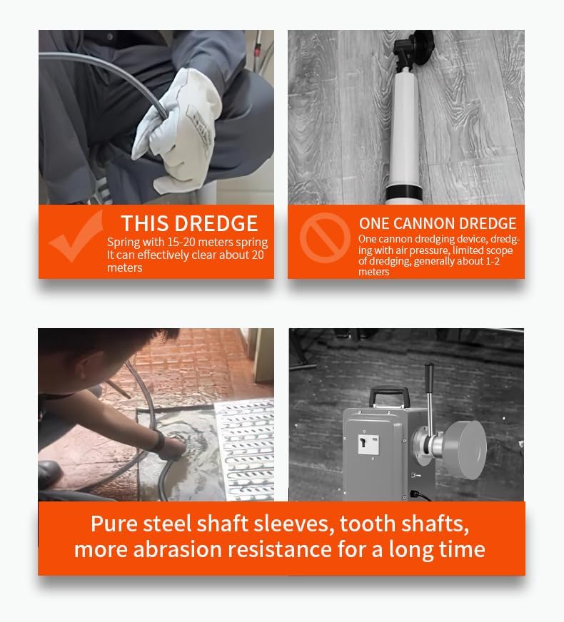 drain cleaner machine，50 Ft x1/2 Inch Electric drain auger, Portable Design, Comes with 6 knife heads, gloves，Foot air switch control