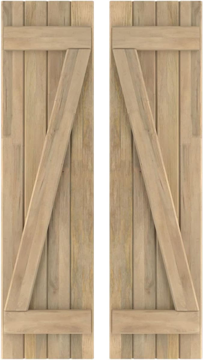 14"W x 62"H Americraft Four Board (2 Batten) Exterior Real Wood Joined Board-n-Batten Shutters w/Z-Bar (Per Pair), Unfinished