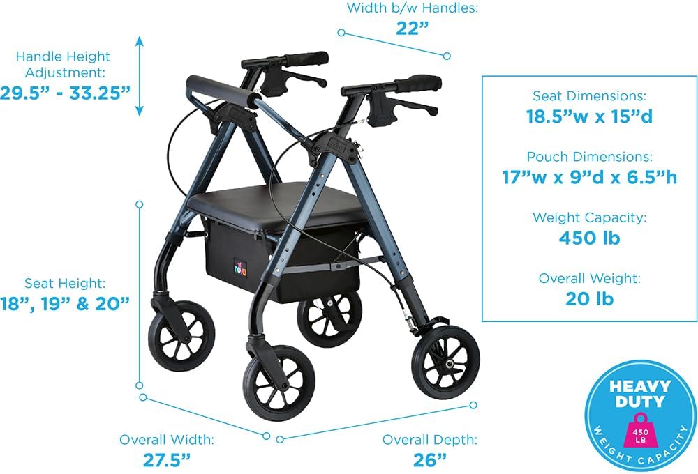 NOVA Star Heavy Duty Petite Rollator Walker with Large Padded Seat, 8" All-Terrain Wheels, Locking Hand Brakes, Height Adjustable