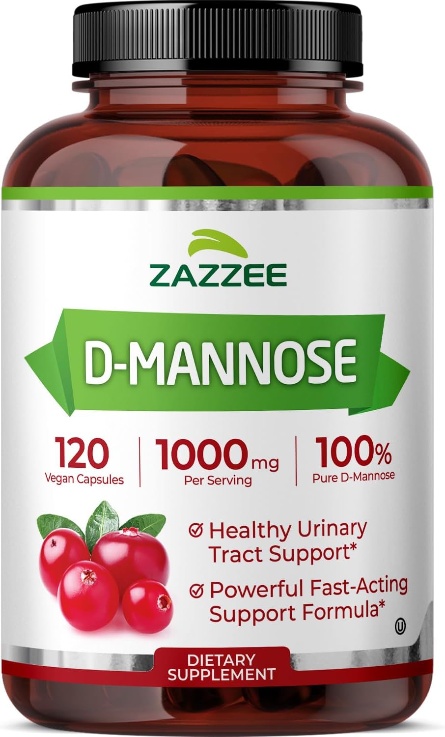 Zazzee D-Mannose, 1000 mg per Serving, 180 Vegan Capsules, 3 Month Supply | Potent & Fast-Acting, Certified Kosher, 100% Pure, All-Natural Urinary Tract Health Support, 100% Vegetarian, Non-GMO