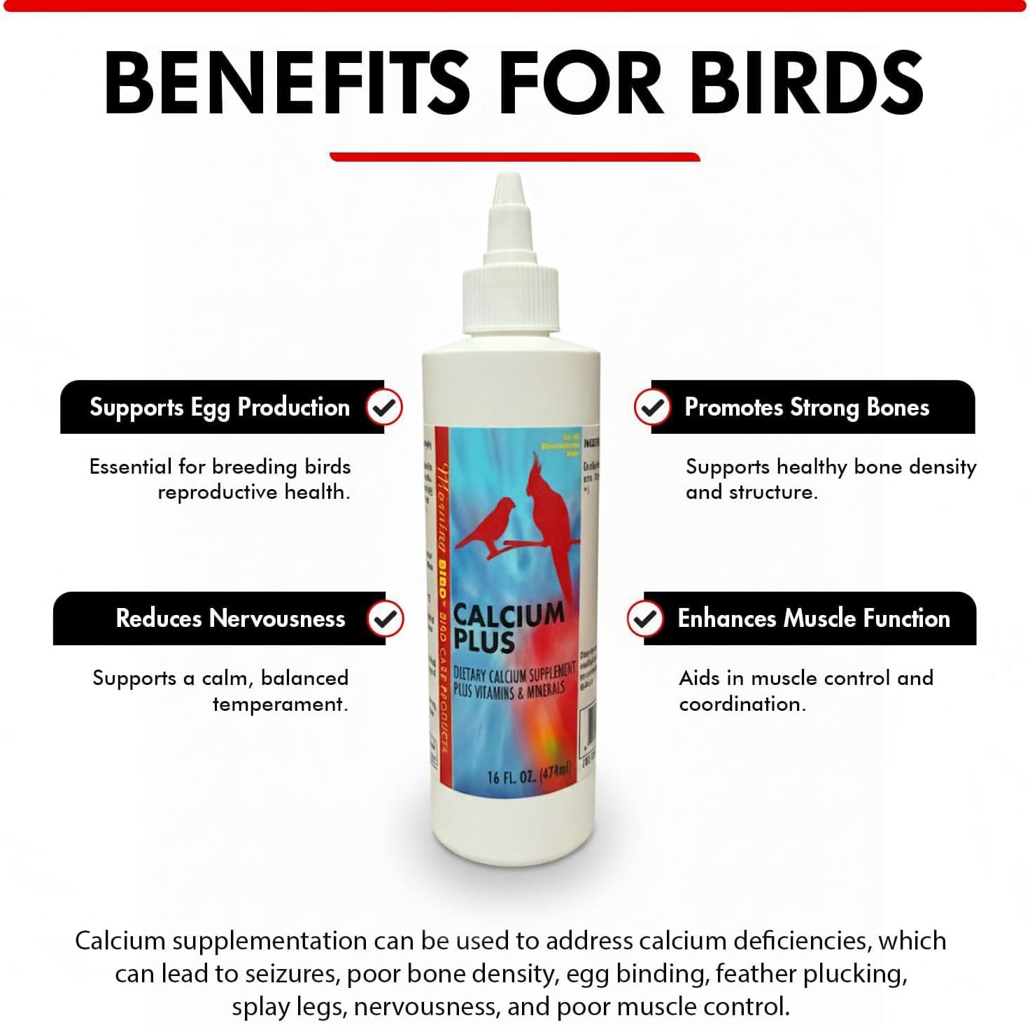 Calcium Plus Liquid for Birds – Calcium Supplement with Vitamins and Minerals for Strong Eggshells, Healthy Bones - Support Growth, Breeding, and Wellness for All Birds 4 Fl Oz | Calcium Supplement - Supports Healthy Growth, Bone Strength, Breeding, Brai…