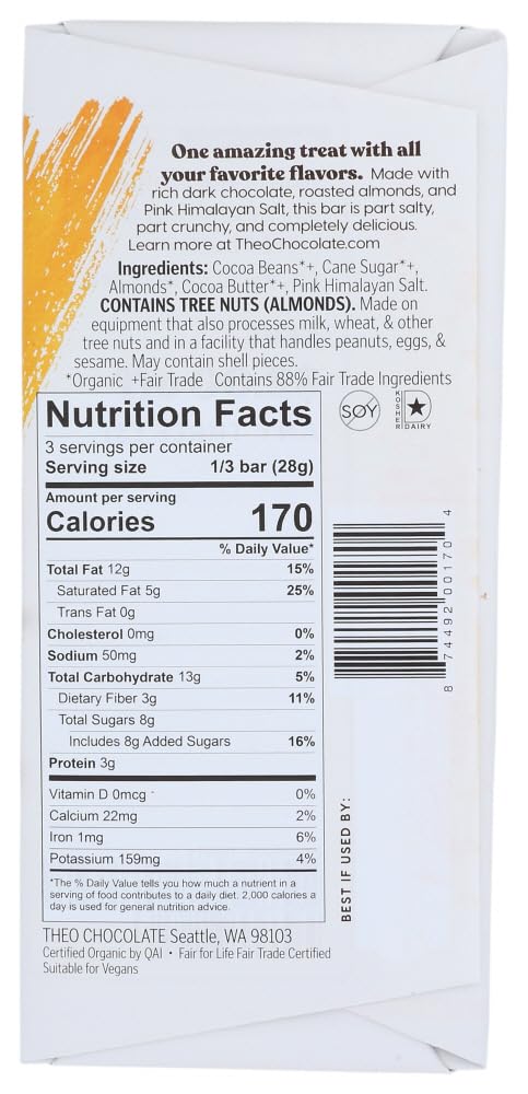 Theo Chocolate Salted Almond Organic Dark Chocolate Bar, 70% Cacao, 12 Pack | Vegan, Fair Trade