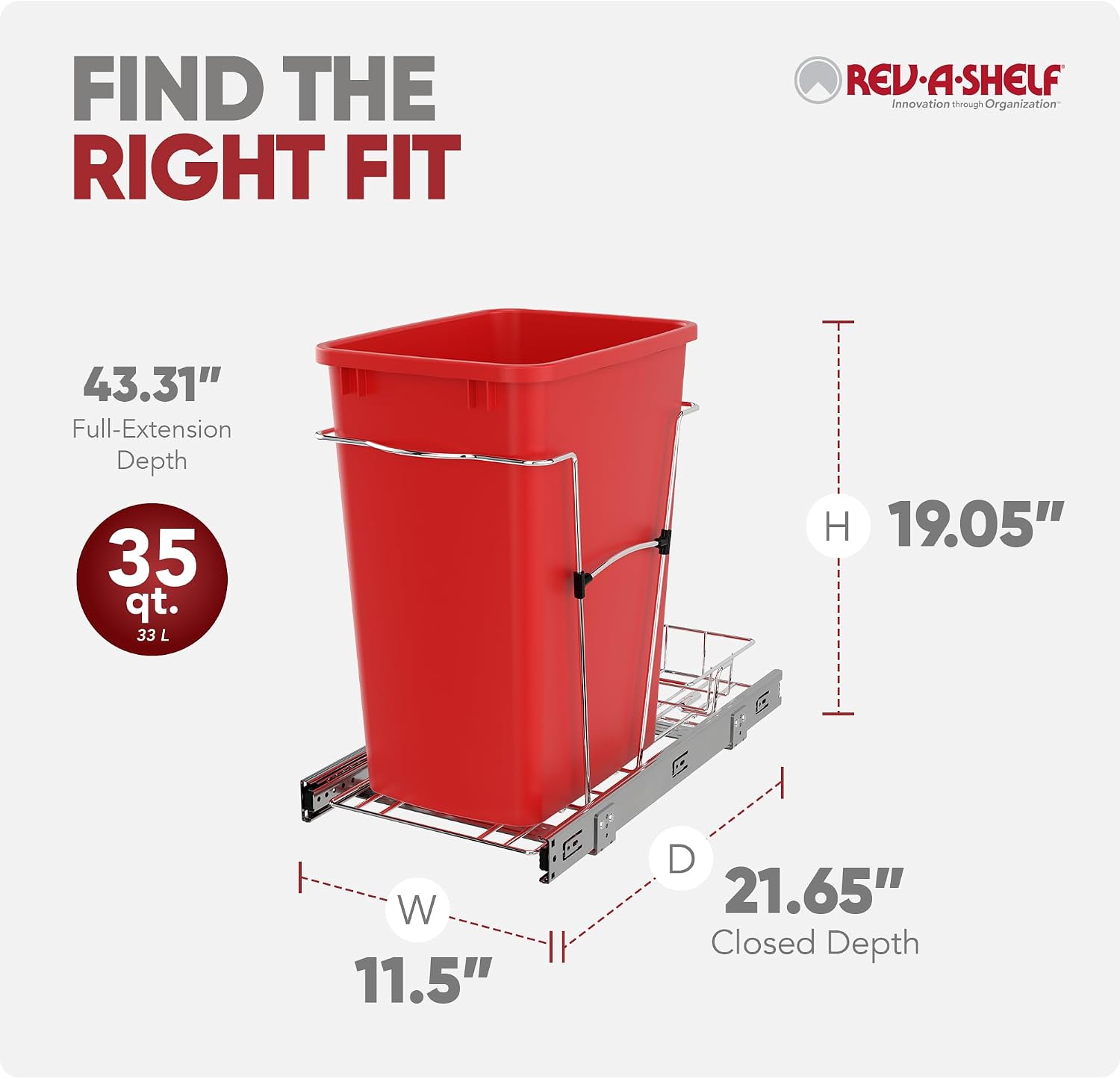 Rev-A-Shelf Pullout Trash Can for Kitchen Cabinets, Black Waste Bin, 35 Qt | Large Capacity Garbage/ Recycling Waste Container, Heavy Gauge Metal Wire Construction w/Full Extension Slides, RV-12KD-18C S