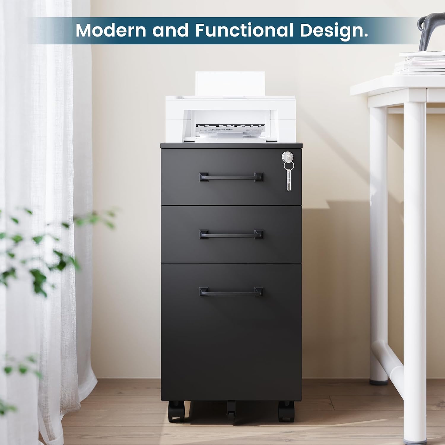 MIIIKO 3 Drawer File Cabinet with Lock, Metal Lateral Rolling Printer Stand Filing Cabinets for Home Office Storage,A4, Letter,File Folders(White)