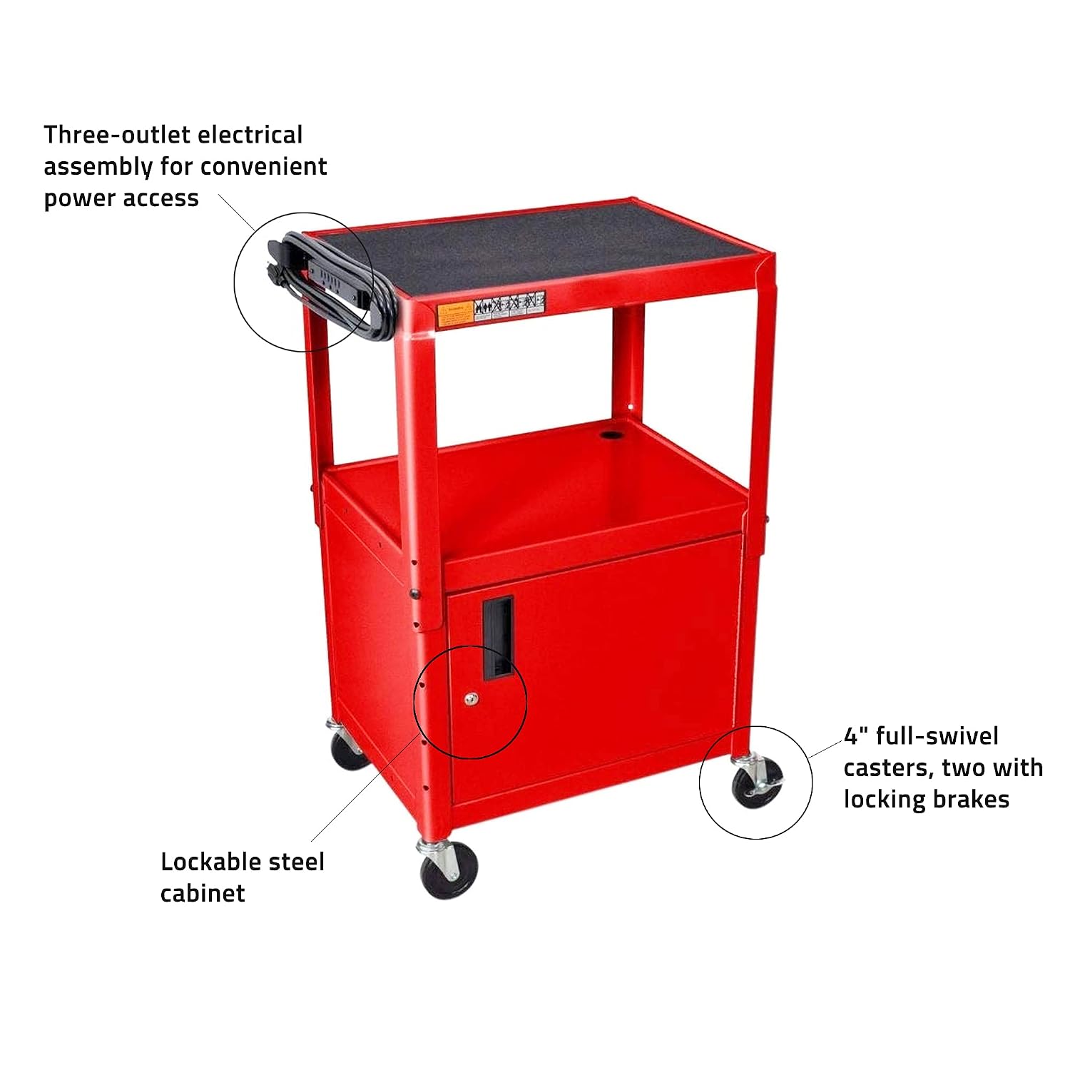 LUXOR AVJ42C-RD Steel AV Cart with Adjustable Height and Storage Cabinet, Multipurpose Utility Cart, 24" to 42" Height, 3 Outlet Electrical Assembly
