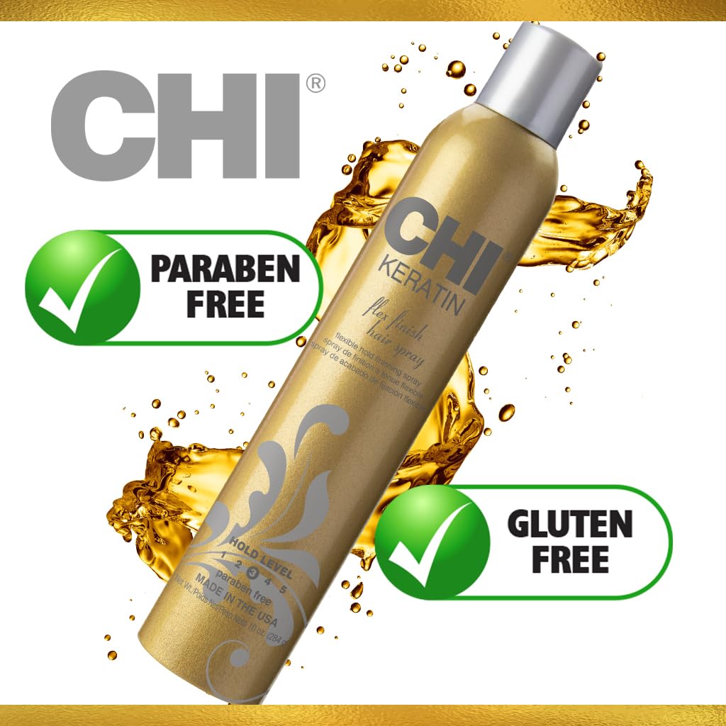CHI Keratin Flex Finish Hair Spray, Lightweight, Long‑Lasting Hold & Smooth Styling, Controls Frizz, Flyaways & Seals Out Humidity, Professional Hair Finish Spray, Unscented, 10 Oz