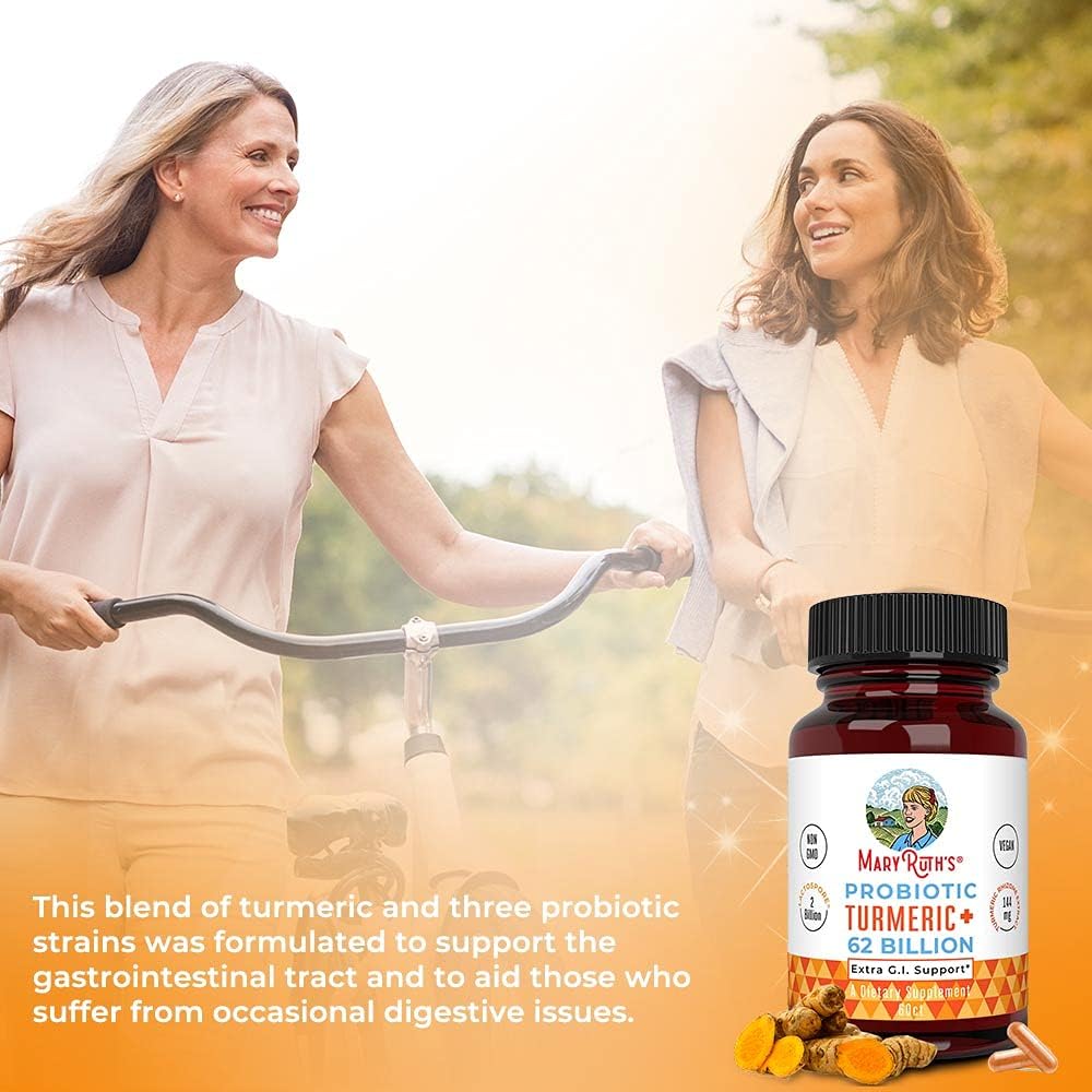 MARYRUTH'S Probiotic Turmeric Curcumin + Extra GI Support, Vegan, 60 Count | 62 Billion CFU, Organic Ingredients Turmeric Complex with Probiotics