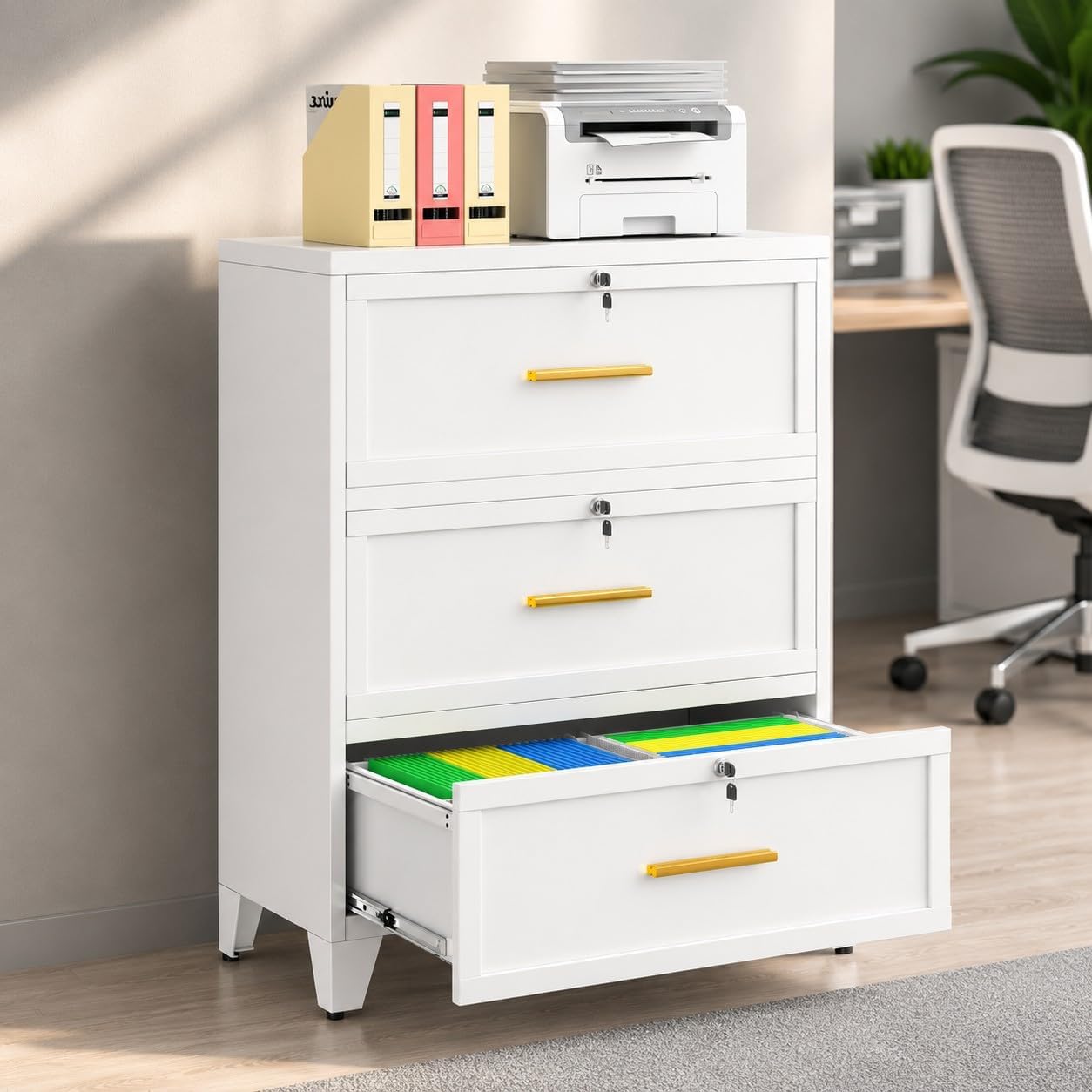 3 Drawer File Cabinet, Office Mobile Filing Cabinet, Printer Stand | All-in-One Office Storage, 3 Storage Drawers, 2 Adjustable Shelves, Lockable Cabinet, 4 Casters, 46.5-Inch Top