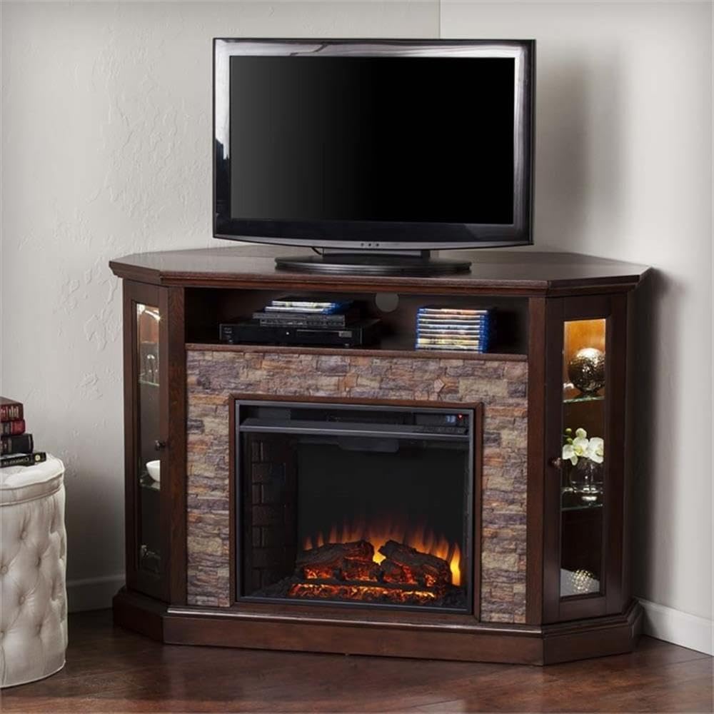 Southern Enterprises Rollins Convertible Corner Infrared Electric Media Fireplace 52" Wide, Espresso Finish and Faux Stone